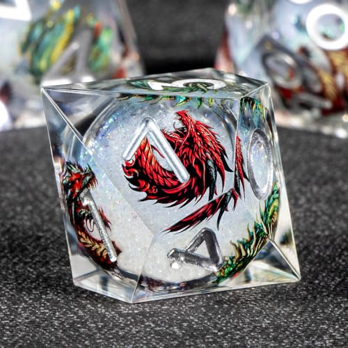KERWELLSI Liquid Core Dragons Pattern Dice, Resin DND Dice Set with Gift Box, White Sharp Edged Dungeons D&D Dice, Role Playing Game Dice D20 D12 D10 D8 D6 D4 - color: White
