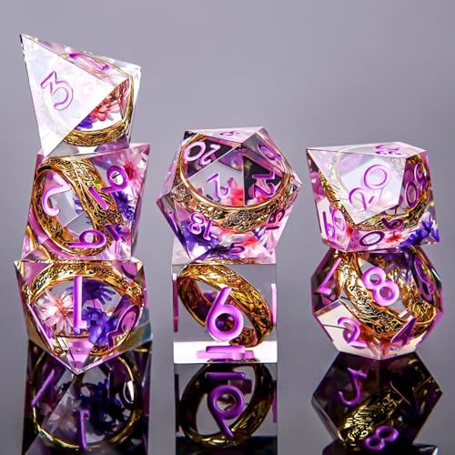 Ring DND Dice Set Sharp Edge Resin Dice,Golden Ring Inclusion Suitable for Lord of the Ring D&D Dice RPG Role Playing Games Suitable for Dungeons and Dragons Polyhedral Dice Set(Flower Pink) - color: Flower-purple