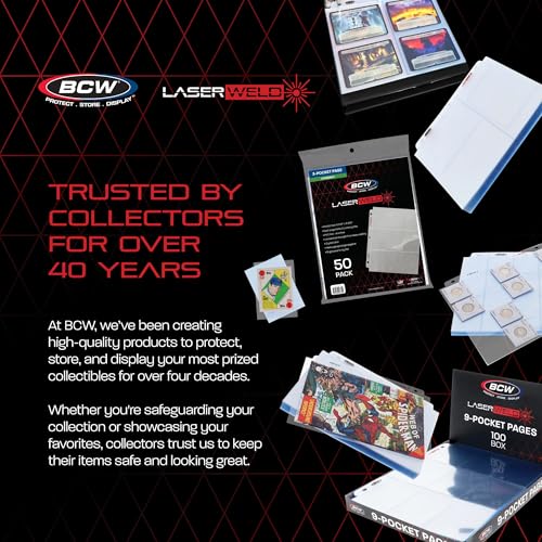 BCW LaserWeld 9 Pocket Pages - 100 Page Pack | Glass-Like Clear Flat Lay | Premium Ultra Flat and Clear Pocket Pages for Cards | Trading Card Binder Sleeves for Pokemon, MTG, Baseball, Basketball - style: 100 Pack