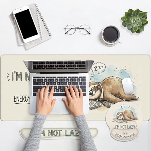 Britimes Sloth Funny Animal Keyboard Mouse Pad Set Beige Motivational 4in1 Large Mousepad+Keyboard Wrist Rest+Mouse Wrist Rest+Coaster Ergonomic Design for Home Office Computer 35.4x15.7 inches - color: Sloth Funny