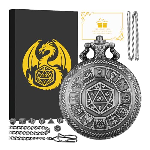 Keller & Weber Mini DND Dice Set, Center Number Dice Pocket Watch Case, 7 Pieces Polyhedral Metal D&D Dice, DND Gift with Gift Box, Role Playing Board Game Accessories, Dark Silver - color: Dark Silver