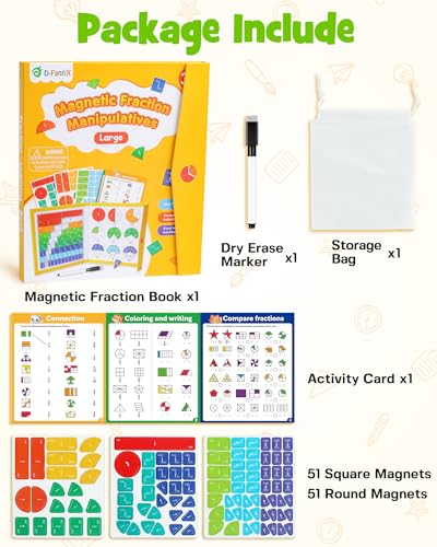 D-FantiX Large Magnetic Fraction Book, Magnetic Fraction Tiles & Fraction Circles Set with Dry Erase Activity Card, Montessori Fraction Manipulatives Learning Toys for Kids