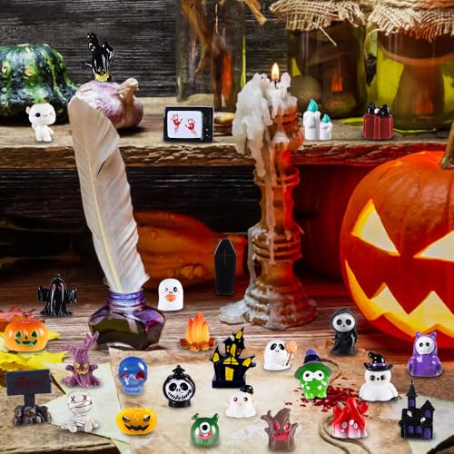 50pcs Halloween Mini Resin Figures 50 Styles Tiny Resin Figurines Little Small Figures to Hide Pumpkin Ghost Skull Miniatures Bulk for Halloween Party Favors Bag Fillers Garden Dollhouse Decor