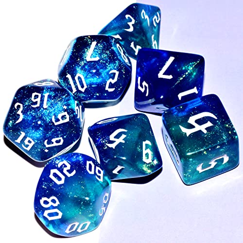 Galaxy Dice Set| Dark Blue Mix Cyan Crystal DND Dice Set for Board Game - color: Dark Blue Cyan