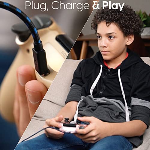 TalkWorks Long Controller Charging Cable for PlayStation 4-10-Foot Long Braided Micro USB Cord Charger Cord for PS4 Controller - Blue-Black, 2 Pack