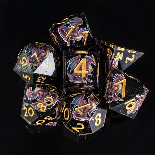 Dragon Pattern Double Layered Starry Sky Black Resin DND Dice Set, d4 d6 d8 10 d12 d20 7Pcs Sharp Edge D&D Dice for RPG MTG D and D Role Playing Desktop Games - color: Dragon Black