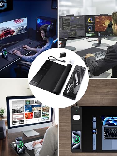 Wireless Charging Mouse Pad with Foldable Phone Holder, 31.5" x 15.8" XXL Large Desk Pad, Gaming Mousepad with Ultra-Smooth Surface, Non-Slip Base, Black Waterproof Desk Mat, with 20W PD Charging Kit - color: Black-Phone Holder-31.5"x15.8"-with Adapter