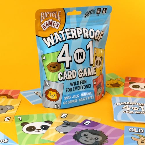 Bicycle Waterproof 4-in-1 Card Games Set Plastic Deck Family Travel Pack | 4 games in 1 Crazy Apes Go Safari Old Goat and Snap Jack, Waterproof plastic, Re-sealable storage bag, Ages 6 and up