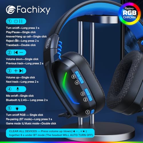 Fachixy Wireless Gaming Headset with Microphone for PC, PS5, PS4, Bluetooth Gaming Headphones - Fast Charge 50Hr Battery, Cool LED Lights for Switch, Laptop, Mobile, Mac 2.4GHz Gamer Headset
