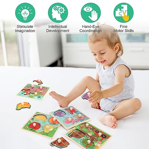 Wooden Peg Puzzles for Toddlers 1-3, Kids' Educational Preschool Peg Puzzle Toy, Set of 4 Toddler Puzzles - Farm, Dinosaur, Fruit and Marine Animals, Ideal Gift for Ages 1 2 3 Boys and Girls - color: Style a