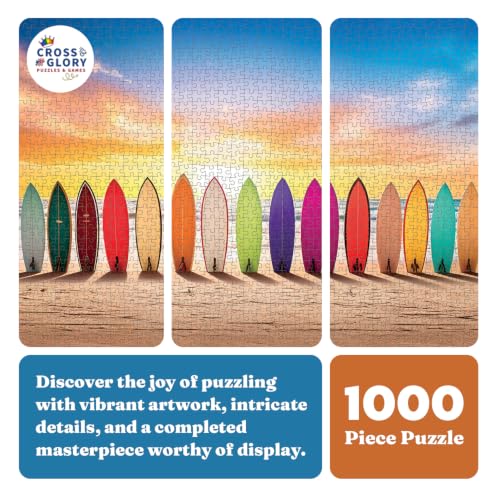 Cross & Glory | 1000 Piece Jigsaw Puzzles for Adults | Sunrise Surf | Vibrant Beach Scene Artwork | 2mm Thick Pieces | Bonus Reference Poster | Satin Finish | Ages 14+ - color: Sunrise Surf