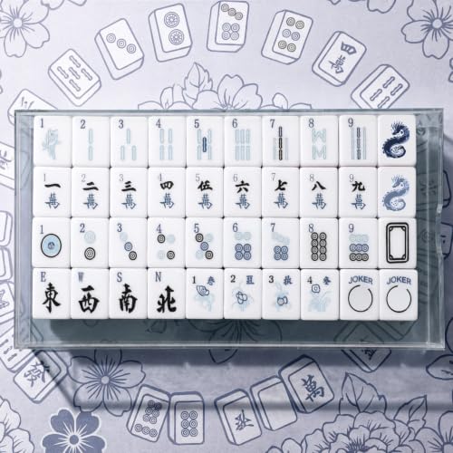 Soulchen 160 Chinoiserie Blue Porcelain American Mahjong Tile Set with Acrylic Storage Box & Dice 1.2" 3D Engraved Tiles for Adults Friends Family Game Night Mahjong Travel Size Chinese Game Gifts - style: Chinoiserie