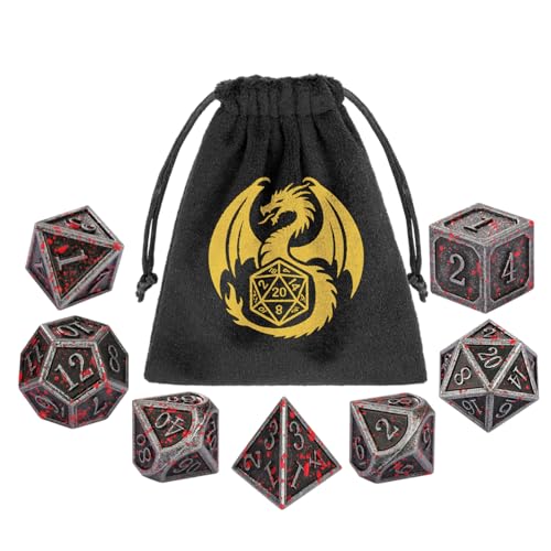Metal Dice Set, 7pcs Polyhedral Metal DND Dice Set, DND Starter Set, D&D Gifts with Gift Bag, Role Playing Board Games Accessories, Bloodstained Silver - color: Bloodstained Silver + Gift Bag