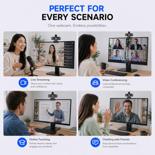 C26 1080P Webcam with Microphone, USB Computer Camera with Privacy Cover, Noise Reducing Mic, Auto Light Correction, 105° Wide Angle, Plug&Play for PC Mac Laptop Zoom Teams Streaming - style: 1080P