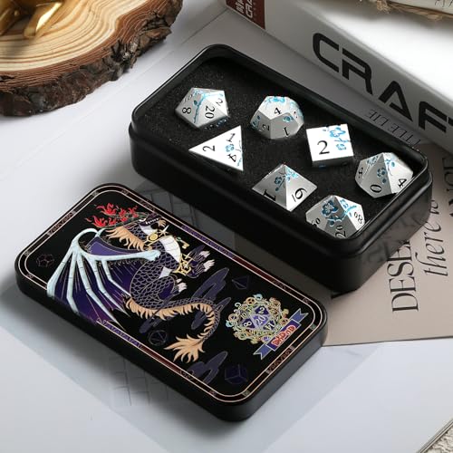 Glow in the Dark Flower Metal Dice, DNDND 7 PCS Blue Metallic D&D Dice Set with Gorgeous Gift Case for Dungeons and Dragon Tabletop Game (Glow in the Dark Blue) - color: Flower Glow Blue