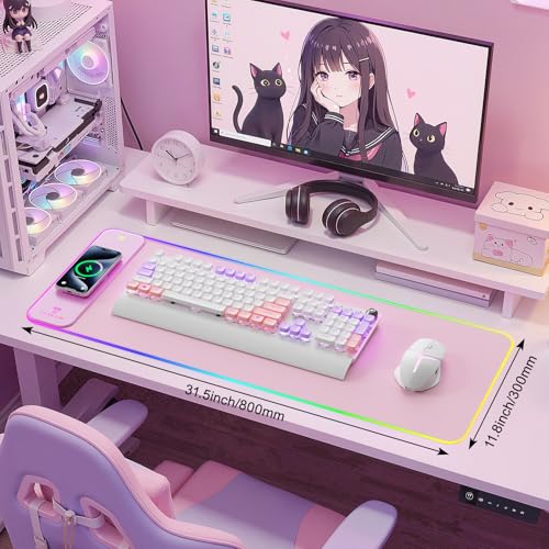 TARKARI Magnetic Wireless Charging RGB Mouse Pad, Large Gaming Desk Mat, 31.5"x11.8" Waterproof Mousepad, Ultra-Smooth Surface, Non-Slip Rubber Base, Desk Pad for Keyboard Laptop - color: Pink
