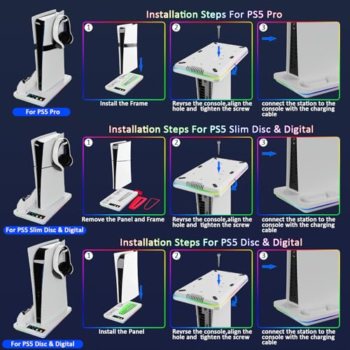 PS5/Slim/Pro Stand and Cooling Station with RGB Controller Charging Station for PlayStation 5 Console, PS5 Controller Charger, PS5 Cooling Stand, PS5/Slim/Pro Accessories Kit with 3 Level Cooler Fan - color: Line RGB-White1