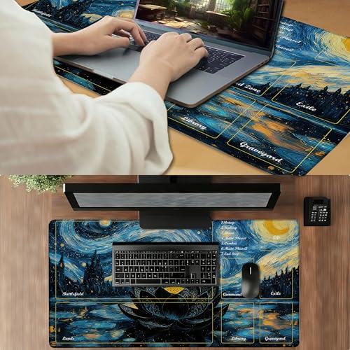 MTG Playmat TCG Card Mat Magic The Gathering Play Mat with Zone 24x14 Inch - color: Starry Starry Black Lotus,with Zone