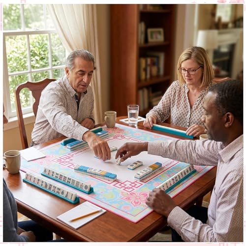 Pink Floral Mahjong Mat with Rules 31.5" x 31.5" Non-Slip Noise Reduction Gaming Mat with Carrying Bag American Mahjong Table Cover for Poker Board Card Games Dominoes - style: Pink and Green