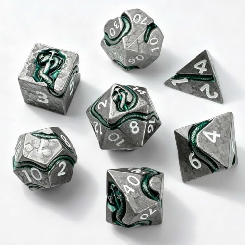 Serpent’s Cunning Metal DND Dice Set, 7 Piece Weighted Polyhedral Dice for Dungeons and Dragons, Balanced RPG Dice with Storage Case for Pathfinder Tabletop Games - color: Ancient Silver