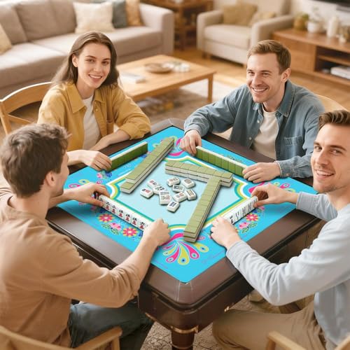 Mahjong Mat for Table with Carrying Bag & 3 Dice, Turquoise Peacock 31.5"x31.5" Square Rubber Mahjong Table Cover, Non-Slip & Noise Reduction Gaming Mat for Mah Jongg, Poker, Dominoes & Tile Games - color: Turquoise