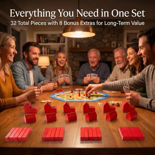 Replacement Pieces for Settlers of Catan – Roads, Settlements & Cities Set, Durable Game Tokens, Compatible with Catan Board Game Accessories, Game Pieces Plus Bonus Pieces (Red) - color: Red