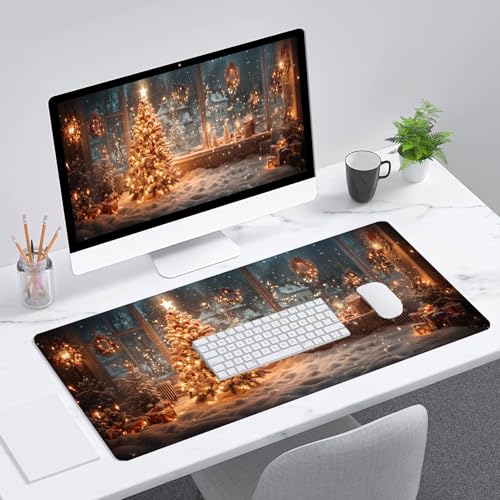 Christmas Tree Gaming Mouse Pad Desk Pad Candlelight Garland Snow Scene Large Gaming Mouse Mat with Stitched Edges,Non-Slip Waterproof Rubber Base Mouse Mat 31.5"x11.8" - color: Christmas-tree, size: 31.5" x 11.8"