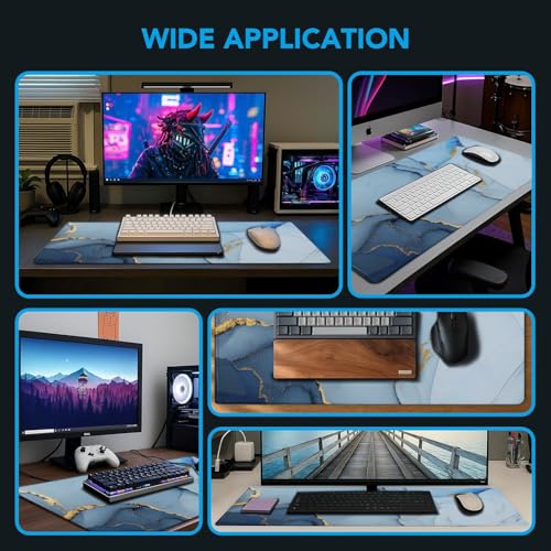 Gaming Mouse Pad, Large Pad with Non-Slip Rubber Base, Waterproof Mousepad with Stitched Edges, XXL Computer Long Keyboard Mouse Mat for Gamer, Office & Home, 31.5" x 15.7", Marble Blue - color: Marble Blue, size: 31.5 inches x 15.7 inches
