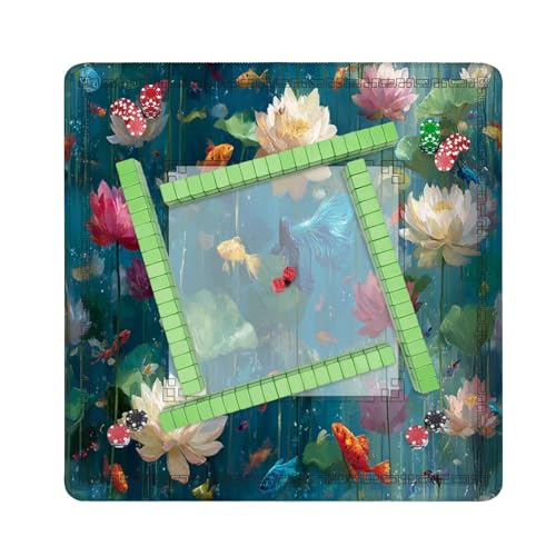 Mahjong Mat 31.5" x 31.5" Japanese Pond Watercolor Art Print Lotus Fish Design Non-Slip Noise Reduction Mahjong Tiles Table Cover for Dominoes Poker Card Board and Tile Games - color: Color2