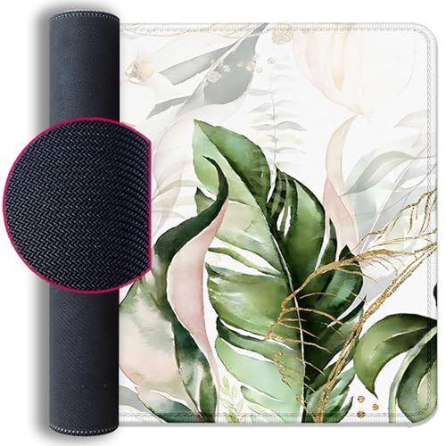 Green Tropical Leaves Mouse Pad Desk Pad,Green Sage Plant Extended Gaming Mouse Mat with Stitched Edges Non-Slip Waterproof Rubber Base Mous Mat for Office Home Game Desk Pad(27.5X11.8 in) - color: Green Tropical Leaves
