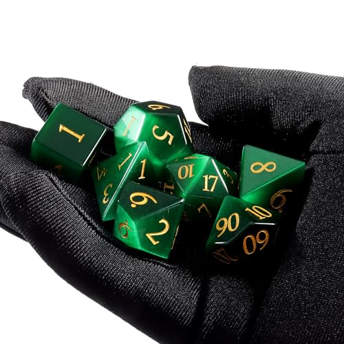 7-Piece Green Artificial Cat's Eye Crystal Polyhedral Dice Set for Dungeons & Dragons D&D RPG Tabletop Gaming - Sharp Edge Gemstone Dice with Storage Box - color: Green