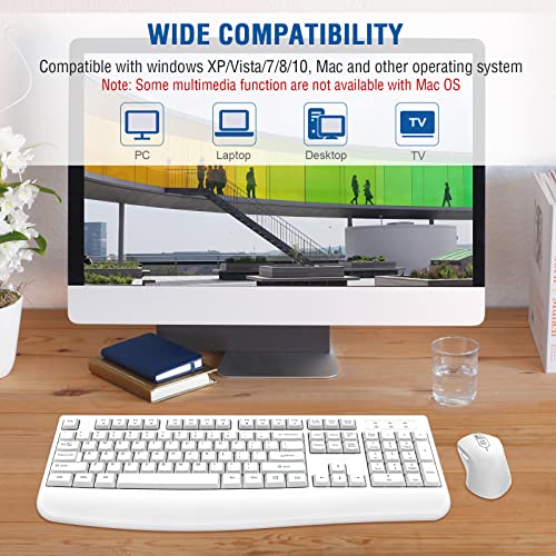 Wireless Keyboard and Mouse Combo, EDJO Full-Sized Ergonomic Computer Keyboard with Wrist Rest and 3 Level DPI Adjustable Wireless Mouse for Windows, Mac OS Desktop/Laptop/PC (White) - color: White