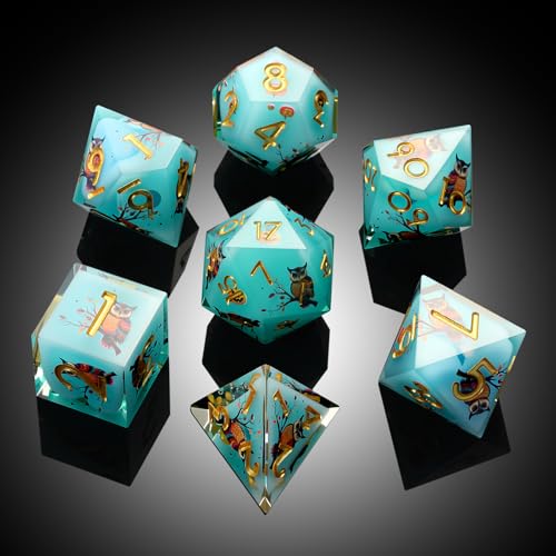 DNDND Owl Aqua Blue Translucent Resin Dice Set - 7-Piece Sharp Edge RPG Dice for D&D with Stickers, Handcrafted Premium Metal Case Gift - color: Owl