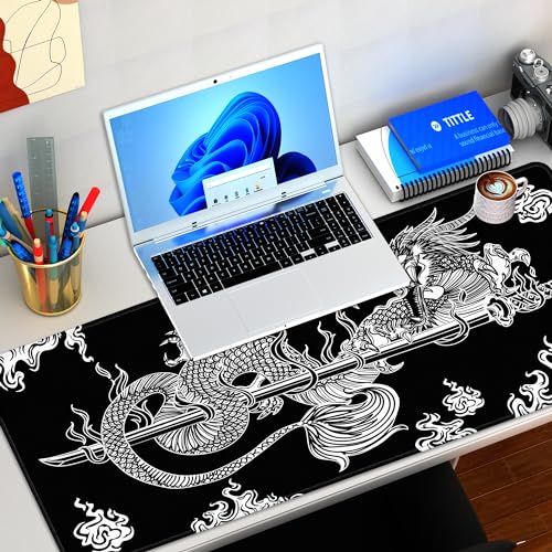 Japanese Dragon Gaming Mouse Pad Large Black Desk Mat, 31.5x11.8in, XL | Extended Big Mousepad, Waterproof Smooth Surface, Non-Slip Rubber Base, Stitched Edges, For Keyboard Mouse, For Home Office - color: Japanese Dragon