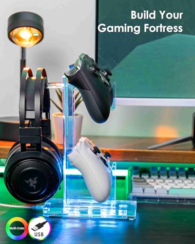OAPRIRE Headset and Controller Stand with Lights, 2 Tier Acrylic Game Controller Holder, Controller and Headset Stand for Desktop,Universal Design Compatible with PS5/PS4/XBOX/SWITCH (Clear) - color: Clear, size: 2 Tier-Lights