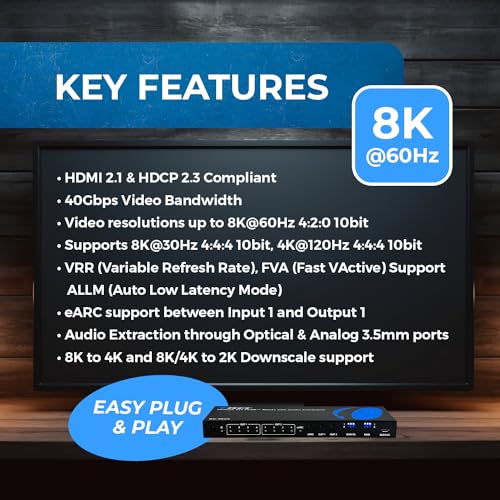 OREI 4x2 HDMI Matrix Switch 8K with Audio Extraction eARC, EDID, Downscale | 4x2 Matrix Switch, 4 x 2 Video Matrix – HDMI 2.1, 40Gbps, VRR, ALLM, FVA, HDCP 2.3, 4K120 & 8K30 4:4:4 - color: Black
