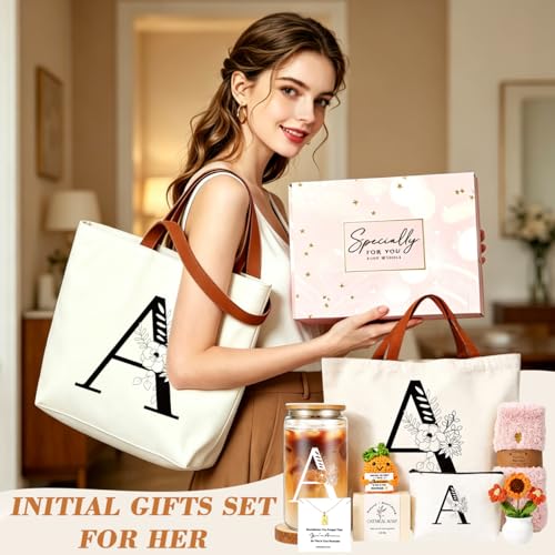 DHQH Birthday Gifts for Women, Monogrammed Gifts Box Included 16 oz Initial Glass Drinking Cup,Canvas Tote Bag, Personalized Iced Coffee Tumbler Gift for Women Her Mom Teacher Friends Sister, A - color: letter-cup-a