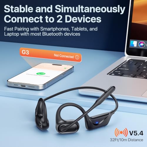 Open Ear Headphones with Mic, 29g Bluetooth Headset, Air Conduction Headphones with Dual Device Connection & Mute, Wireless Headset with Mic for Work, Driving, Office, Workout, Black