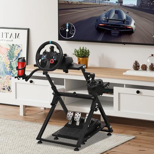 CXRCY Racing Wheel Stand, Cup Holder, Foldable, Adj for G920 G29 G27 G25 | For Fanatec & Thrustmaster (T248,T300RS,T150). Xbox,PS4,PS5,PC. Foldable, height adj, cup holder. Wheel/pedals not incl. - color: Black with Cup Holder