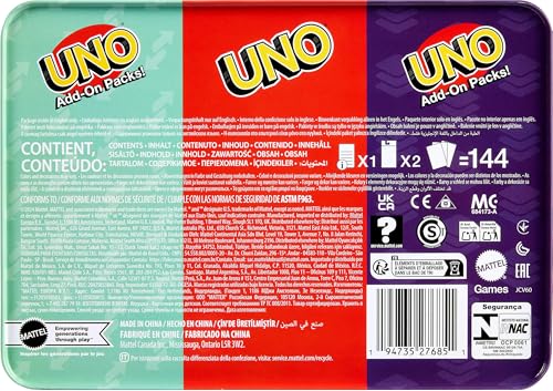 Mattel Games UNO Card Game with 2 Add On Packs with Storage Tin | Includes UNO Deck and 2 Add-On Packs for Kids, Teens & Family Game Night for Ages 7+, 2-10 Players (Amazon Exclusive)