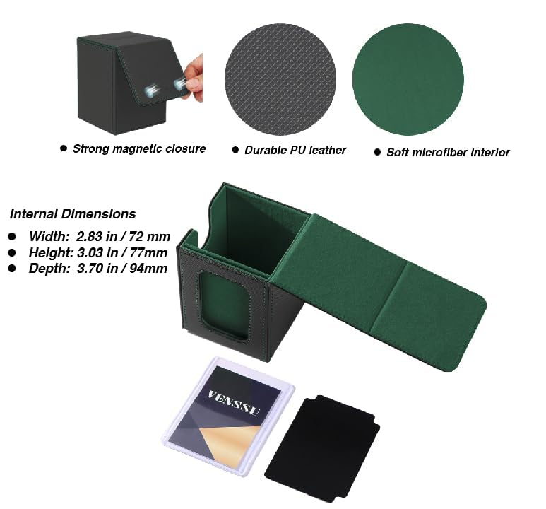 MTG Deck Box with Commander Display, Fits TCG Cards (Black&Green) | Holds 120 Single/100 Double-Sleeved Cards, Fit MTG/PTCG/OPTCG Cards, Strong Magnet, PU Leather, With 2 Dividers & 1 Toploader - color: Black&Green