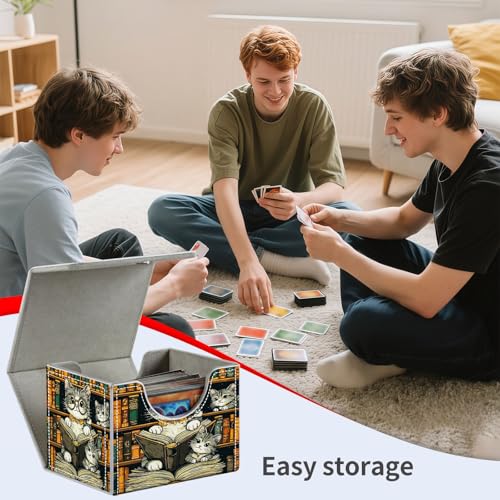 Cats Reading Books for MTG Deck Box, 100+ Double Sleeved Card Storage Case, PU Leather Commander Deck Case for TCG Magic Yugioh, Magnetic Closure - color: Cats Reading Books