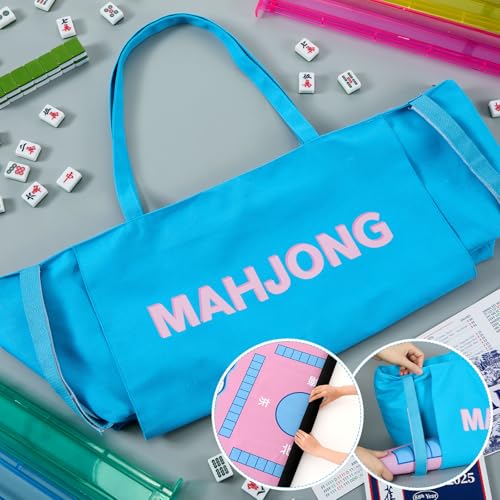 Abbylike 28x9 Inches Mahjong Bag for Rolled Mat Tiles Racks Pushers Accessories Empty Mahjong Tote Bag with Zipper Closure Outer Pockets Lining Large Capacity(Blue,Canvas) - color: Blue