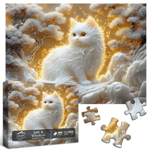 PICKFORU Cat 1000 Piece Puzzle for Adults, Jade Carving Cute Kitten Jigsaw Puzzles, Unique Art Animal as Wall Decor - style: Jade & Whiskers