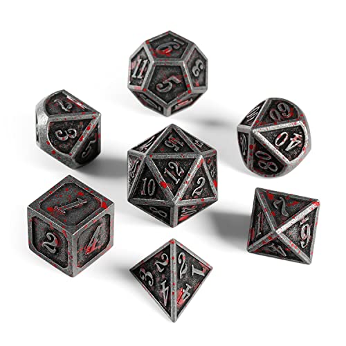 Acient Silver Bloodstained Metal Dice Set DND, DNDND 7PCS Metallic Halloween Die with Metal Case for Dungeons and Dragons Tabletop Games - color: Blood Iron