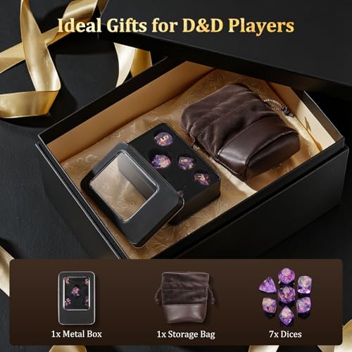 MoKo Resin DND Dice Set, 7PCS Sharp Edge Polyhedral, Purple | Gold Numbers, D&D RPG Tabletop Games, Gift Box Storage Bag, D20 D12 D10 D8 D6 D4 D% - color: 3 - Purple