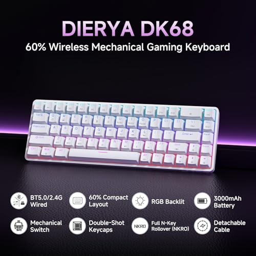 DIERYA DK68 60% Wireless Mechanical Gaming Keyboard, 3-Mode, Bluetooth 5.0/2.4G/USB-C, RGB Backlit, 68-Key Compact Mini for Windows, Mac, Linux - Linear Red Switch - White - color: White/Red Switch, size: Wireless