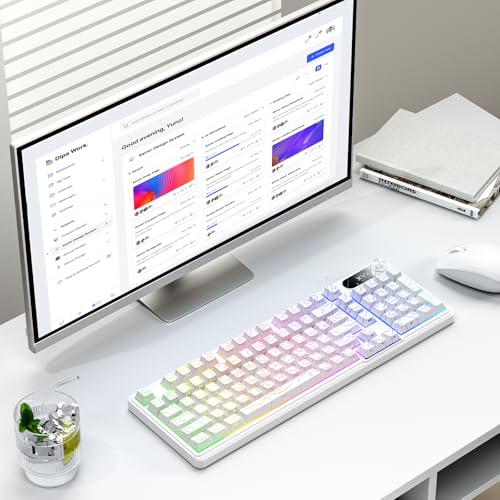 OHY XVX Wireless Keyboard,99Keys Quiet Typing Membrane Gaming Keyboard with Logo Display & Knob, RGB Backlit, USB C Rechargeable, 94 Keys PBT Keycap for Windows PC, Mac, Linux-White