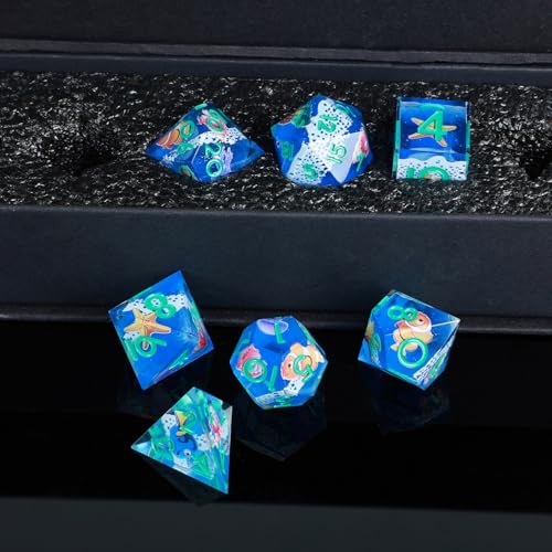 DND Dice Set 7-Pcs Sharp Edge Blue Marine Life Style Resin Dice Polyhedron Resin Sharp Edge dice Role-Playing Game RPG MTG Board Game (Marine Life - Green) - color: Marine Life - Green