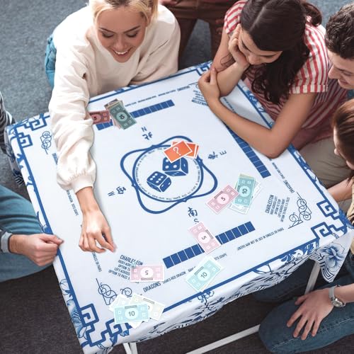 Oudain Chinoiserie Mahjong Tablecloth Florals Card Table Cloth 55x 55 Inch Square Tablecloth Game Table Cover with Game Rules for Mahjong Beginners, Card, Board Tile Games(Blue and White) - color: Blue and White